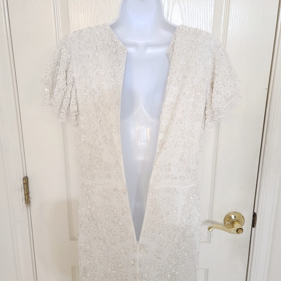 Mac Duggal | Embellished Ruffle Cap Sleeve V-Neck Midi Dress Size 6 Style 10810 - Picture 15 of 17